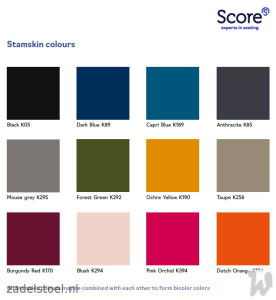 Score Stamskin Kleuren: Zwart [K05]Donker Blauw [K89]Midden Blauw [K189]Antraciet [K85]Midden Grijs [K295]Bos Groen [K292]Licht Oranje [K170]Taupe [K258]Donker Paars [K170]Roze [K294]Helder Paars [K394]Helder Oranje [K196]